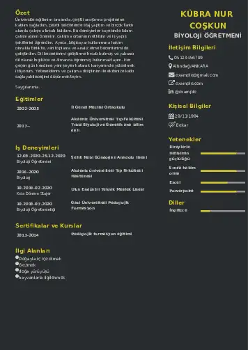 Biyoloji Öğretmeni CV Örnekleri cv indir